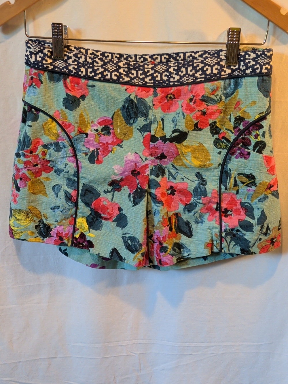 Cartonnier Floral High-Waist Shorts in Aqua with Navy Trim